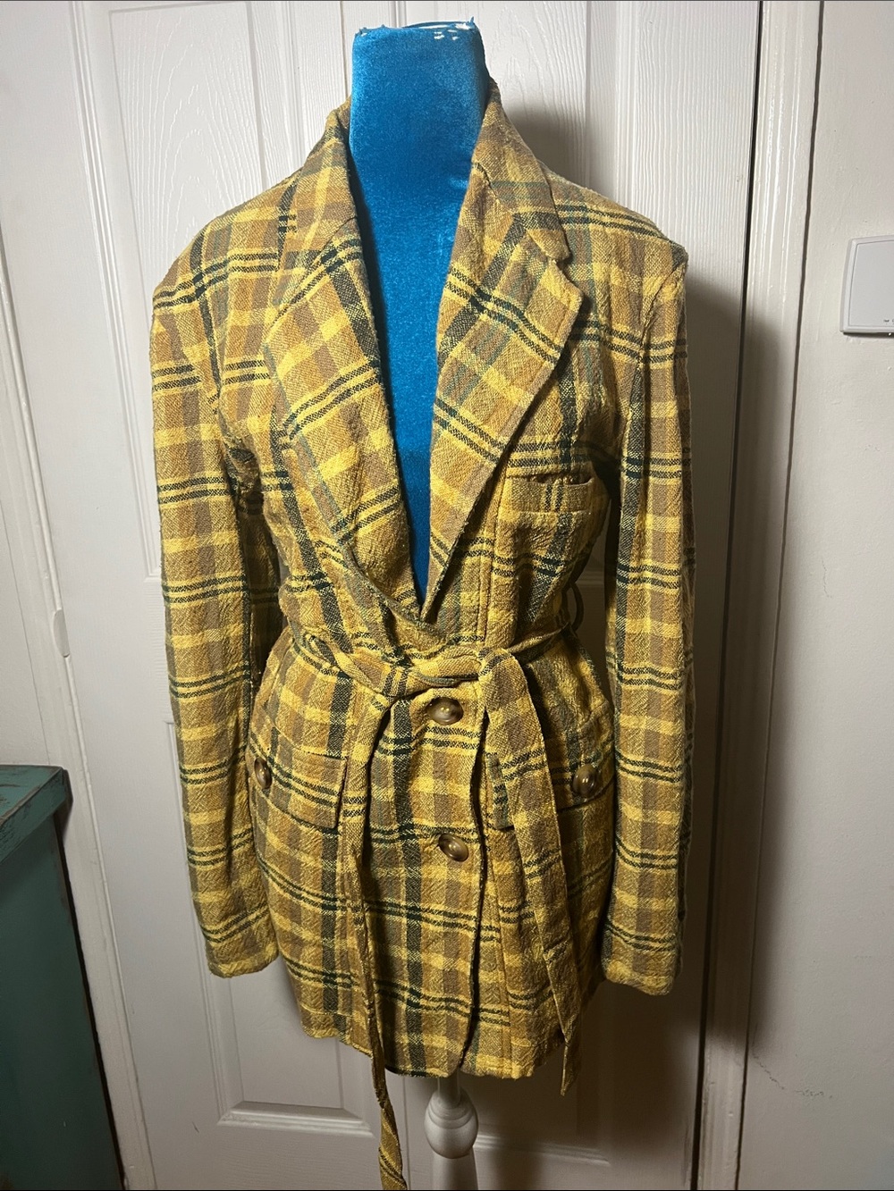 Laurence Bras Plaid Silk Tie Waist Jacket Medium